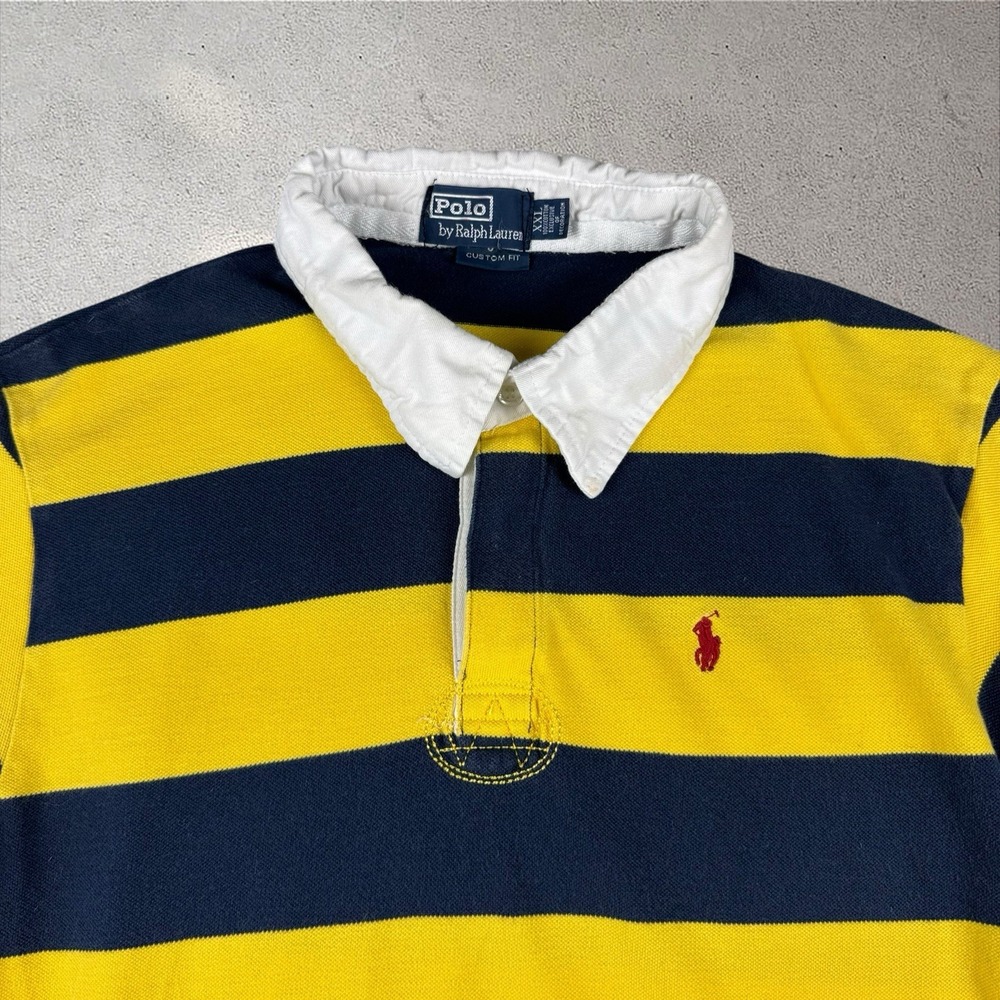 Vtg Polo Ralph Lauren Rugby Stripe Polo Shirt Yellow Blue Preppy Y2K Sz XXL